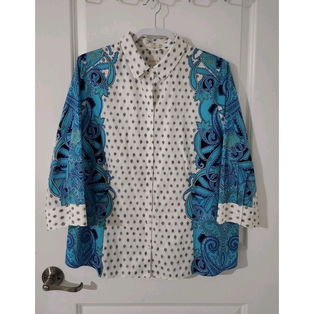 Chico's Women's Shirt Blue Paisley Mirror Button Up Non Iron Career Blouse XL/16